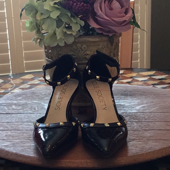 Sole Society Shoes - Black patent pumps with gold stud ankle strap.